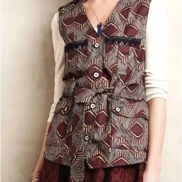 ANTHROPOLOGIE ELEVENSES Tribal Geometric Print Maroon Gold Belted Button Vest XS - Picture 2 of 11